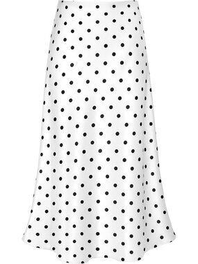 Women White Polka Dot Polyster And Elastane High Waisted A Line Satin Midi Skirt